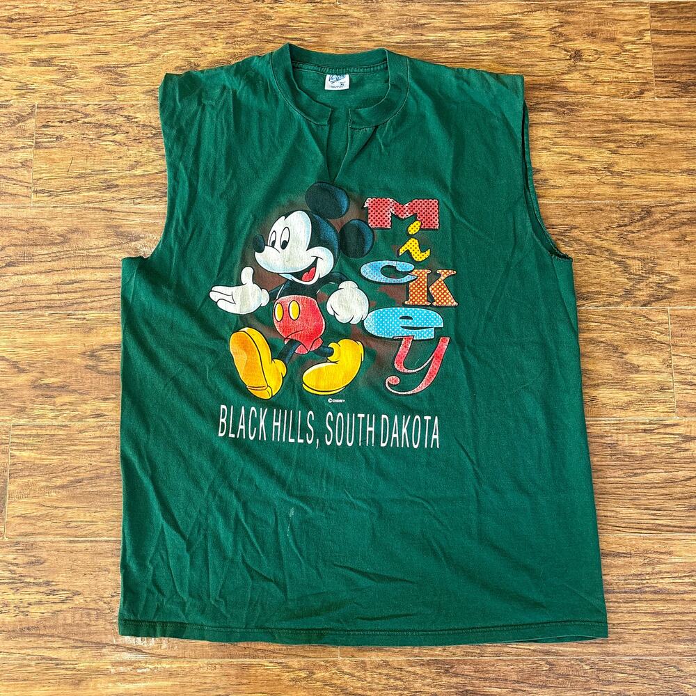 Vintage Disney Mickey Mouse Black Hills South Dakota Green Sleeveless T-Shirt XL